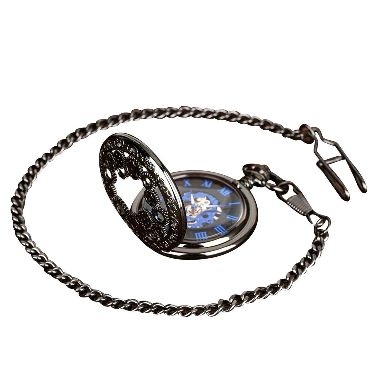 Manual Men's Mechanical Pocket Watch Hollow Design Roman Numerals Vintage Metal Pocket Watch Clock Chain Pendant Blue