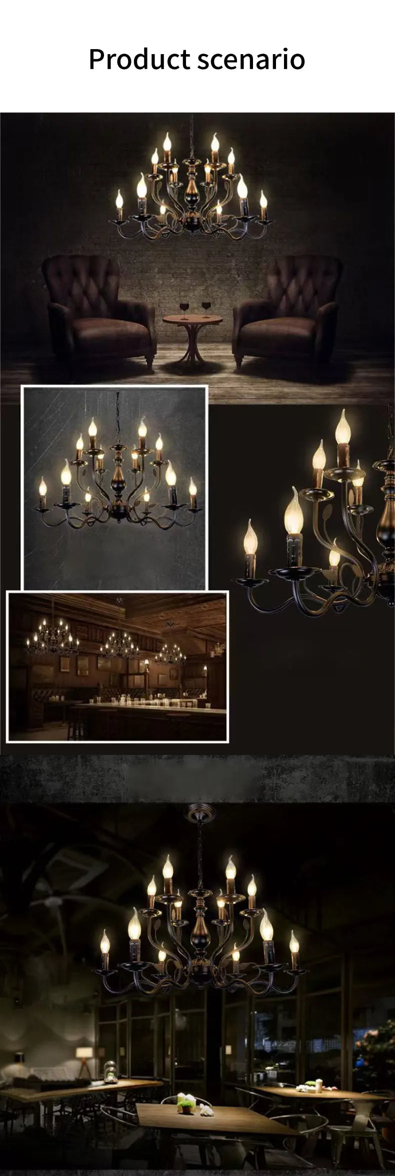 American Retro Cafe Pendant Light Dining Room Black Metal Ceiling Chandelier Industrial Candle E14 Chandelier Lighting