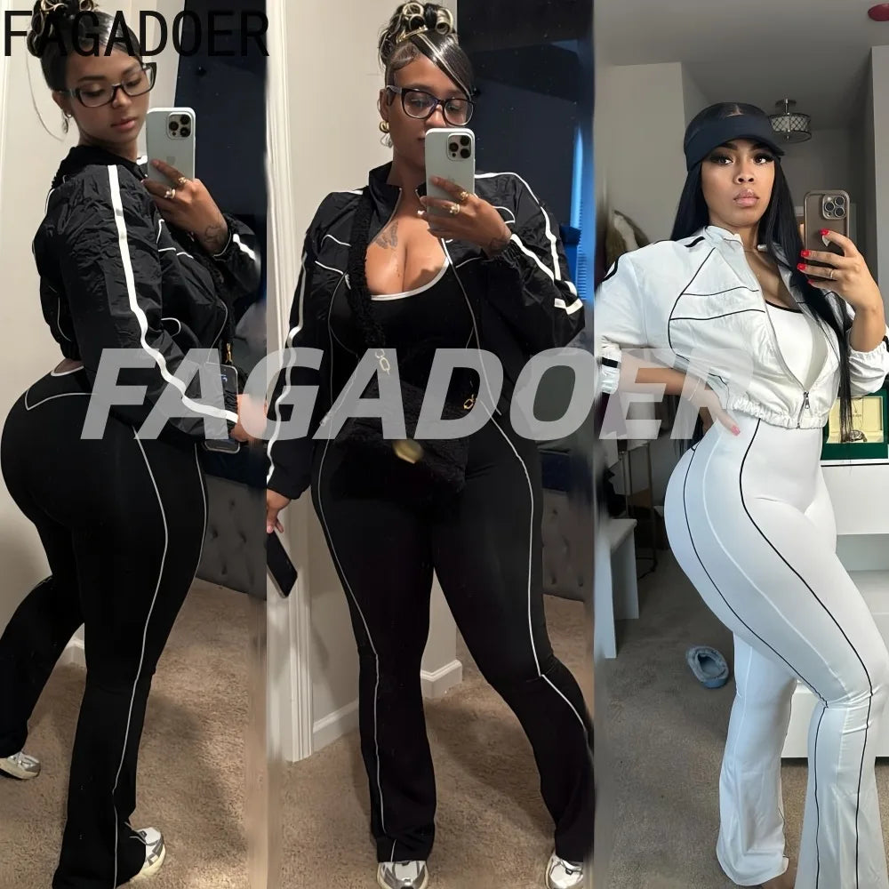 FAGADOER Trendy Women's Clothes Crop Jacket and Backless Jumpsuits 2 Piece Set Casual Workout Joggers Two Piece Outfits Woman