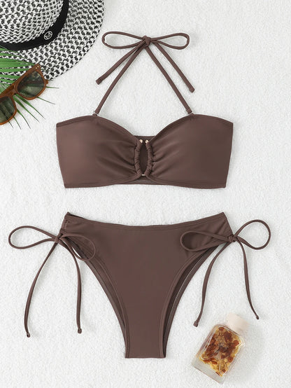 High Waist Bikini Women's Swimsuit 2026 Knotted Bathing Suits Woman Swimwear Bandeau Push Up Bikinis Sets Brazilian Beach Wear