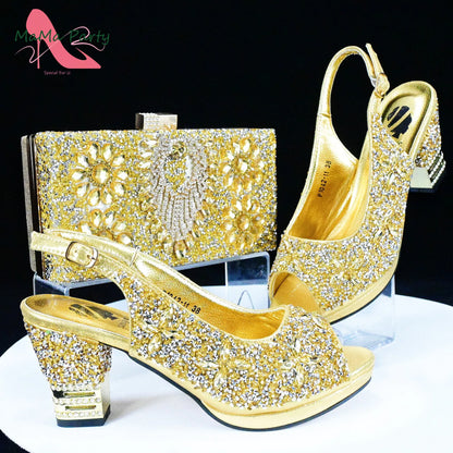 2025 Fashion Style Nigerian Ladies Lovely Shoes and Bag to Match Set in Gold Color Specials Pumps for Dress