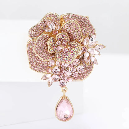 Rhinestone Heavy Pendant Flower Brooches for Women Unisex Glass Plant Pins Event Party Backpack Decoration Clothes Accessories