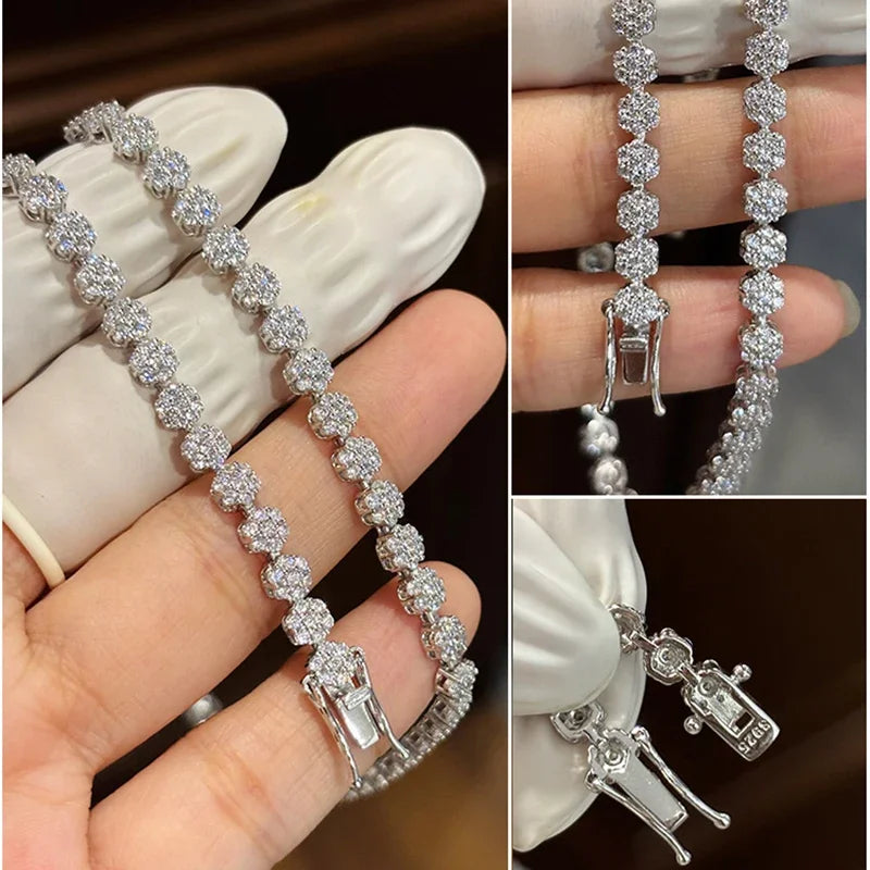GRA Certified 4.5mm Flower Full Moissanite Tennis Necklaces Bracelet for Women 925 Sterling Silver Elegant Choker Luxury Jewelry