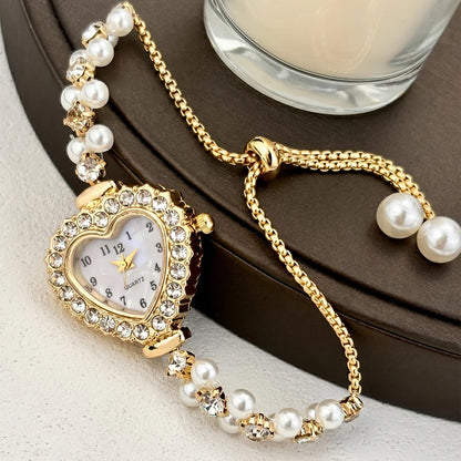 Elegant Heart-Shaped Watch with Double-Row Diamond Pearl Bracelet & Drawstring Closure