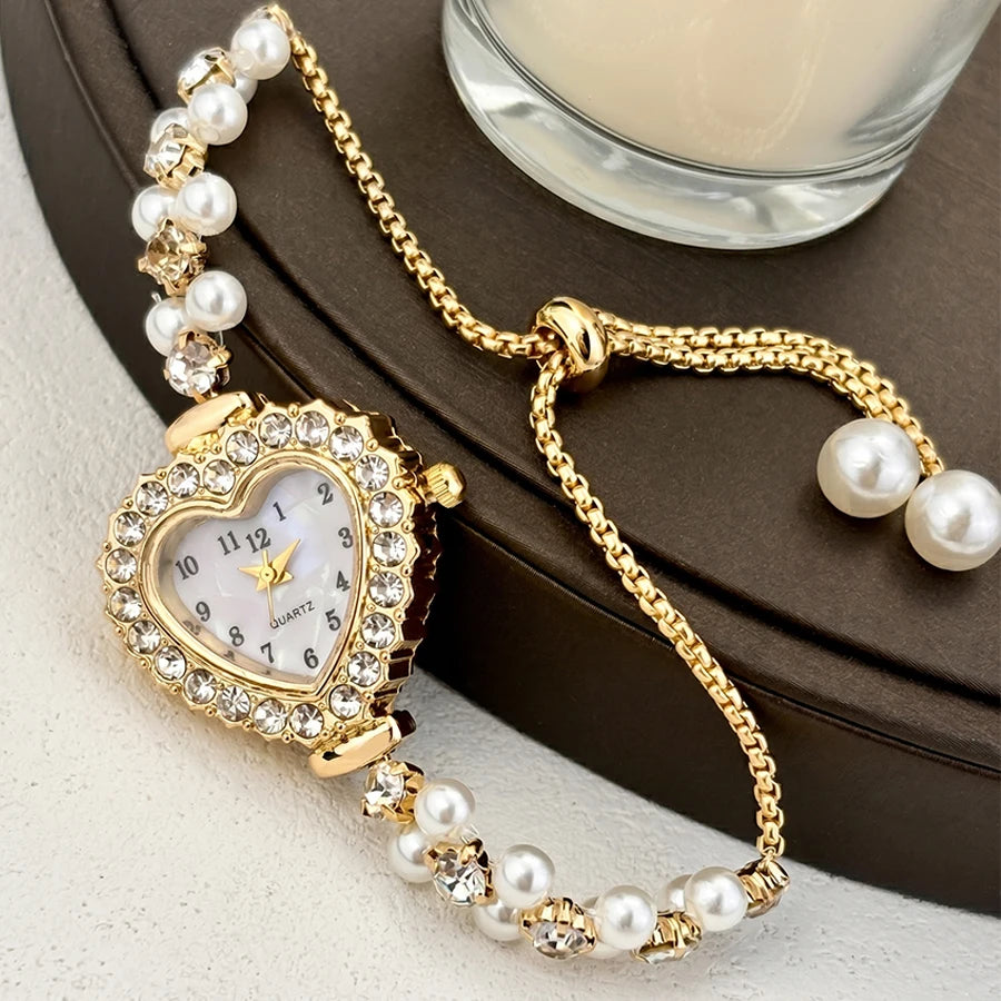 Elegant Heart-Shaped Watch with Double-Row Diamond Pearl Bracelet & Drawstring Closure