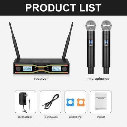 2-Channel Wireless Microphone System, UHF Fixed Dual-Frequency Wireless Kit with 2 Handheld Dynamic Transmitter Microphones and Receiver Base, Suitable for Singing, Weddings, DJs, Parties, Black