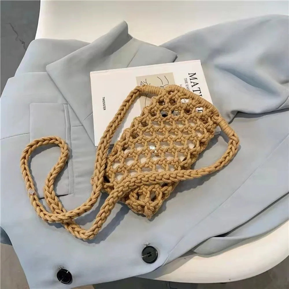 Hollow-out Woven Crochet Small Crossbody Phone Bag Women Fashion Solid Color Lightweight Braided Shoulder Handbag Crossbody Bags