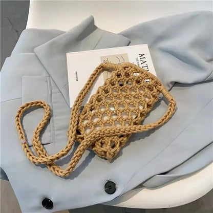 Hollow-out Woven Crochet Small Crossbody Phone Bag Women Fashion Solid Color Lightweight Braided Shoulder Handbag Crossbody Bags