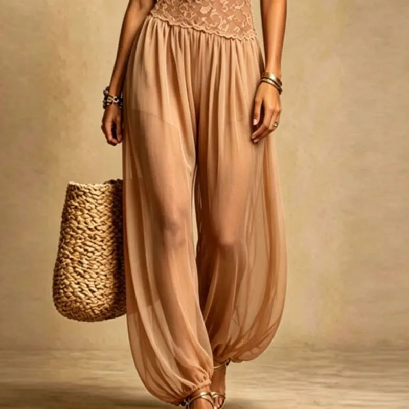 Women Nude Lace Halter Jumpsuits Spaghetti Strap V Neck Sheer Loose See Through Playsuit Summer Beach Bohemian One Piece Outfits