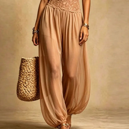 Women Nude Lace Halter Jumpsuits Spaghetti Strap V Neck Sheer Loose See Through Playsuit Summer Beach Bohemian One Piece Outfits
