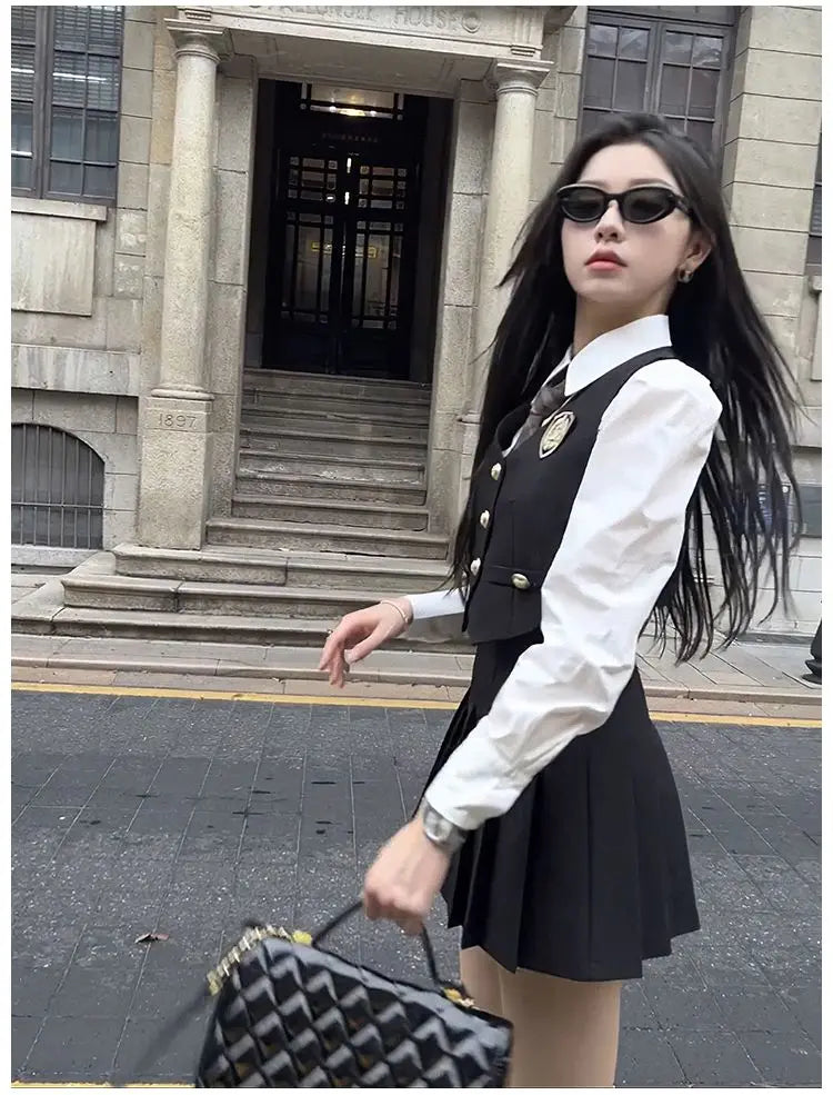 2024 england style uniform jk set suit autumn new suit waistcoat long sleeve shirt pleated skirt fashion three-piece women w753