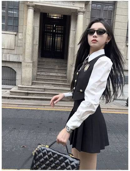 2024 england style uniform jk set suit autumn new suit waistcoat long sleeve shirt pleated skirt fashion three-piece women w753