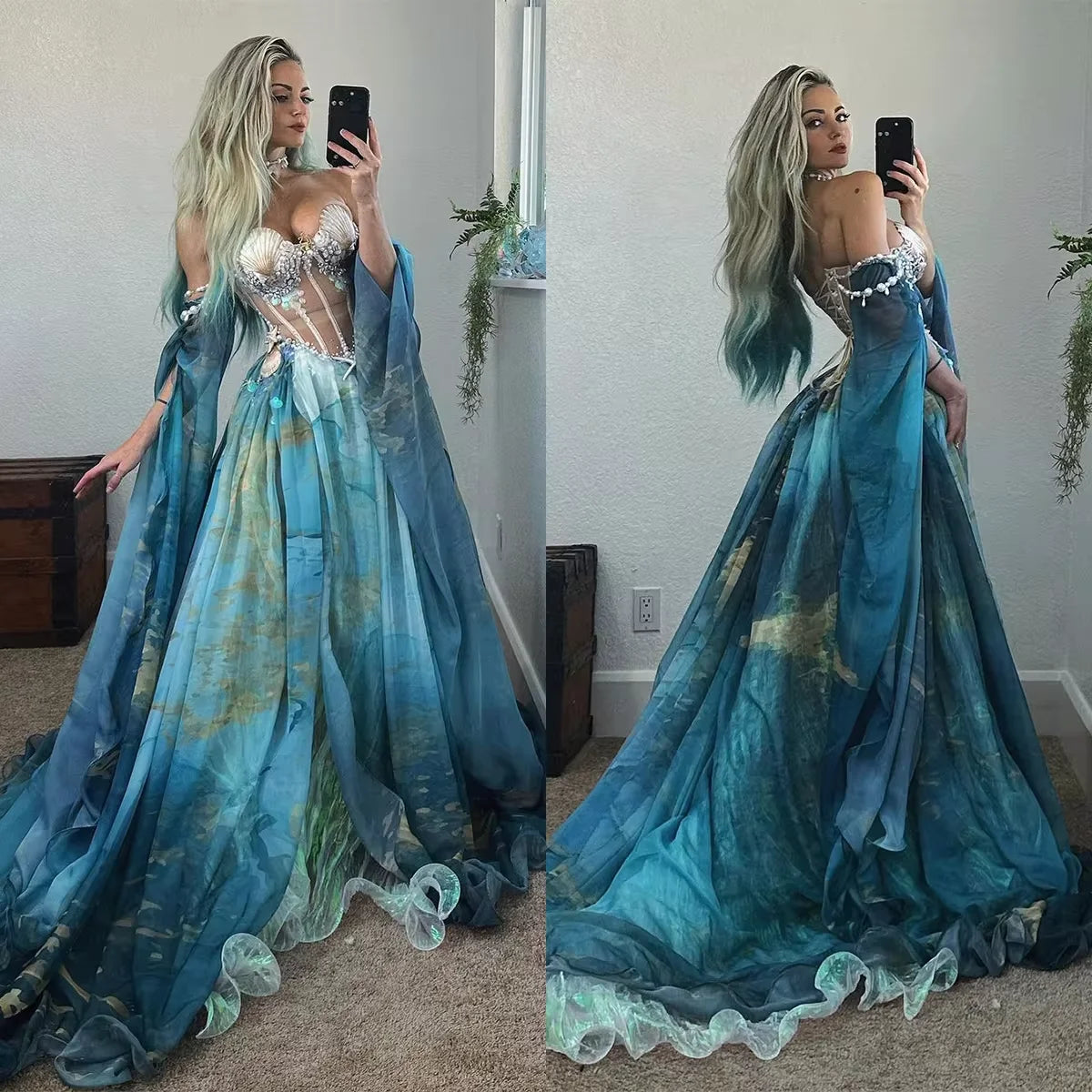 New Design Mermaid Evening Dresses Ocean Shell Starfish Pearl Decoration Strapless Side Split Party Prom Dress Customized