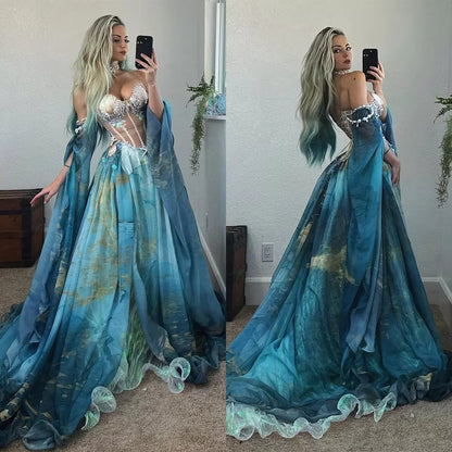 New Design Mermaid Evening Dresses Ocean Shell Starfish Pearl Decoration Strapless Side Split Party Prom Dress Customized