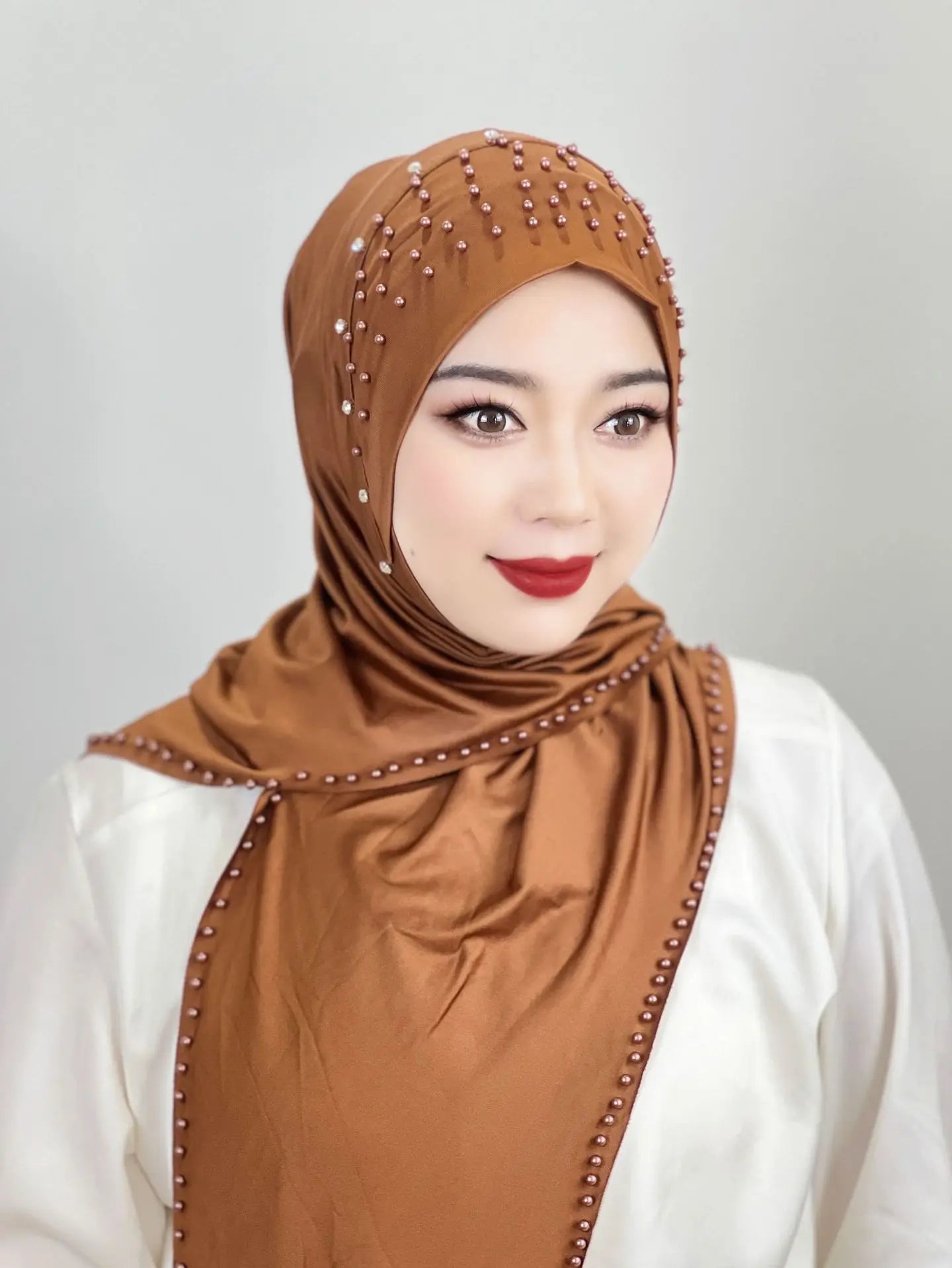 2026 Fashion Versatile Beaded Hijab for Women,Mid-Length Convenient Pull-over Hat Scarf,Malay Shawl Pure Color Women's Headscarf