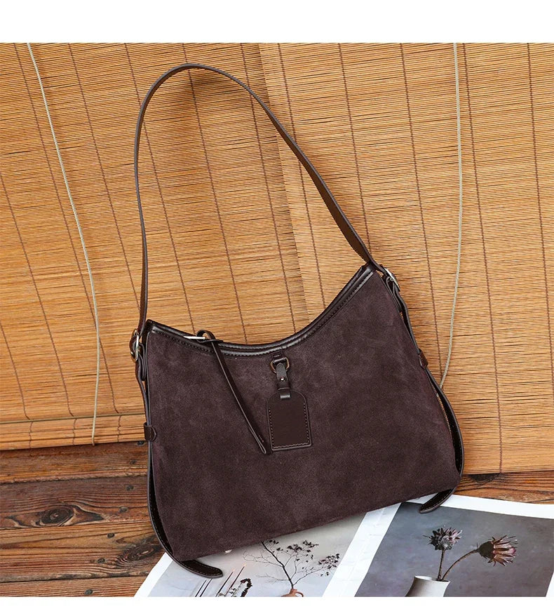 Winter Women's Natural Suede Leather Classic Underarm Bag Female Soft Cowhide Durable Handbags Ladies Luxury Designer Bags
