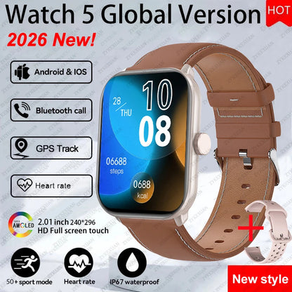 New Watch 5 Sports Smart Watch Men Women 2.01" AMOLED Screen Fitness Tracker Heart Rate ECG Waterproof GPS Track Call Smartwatch