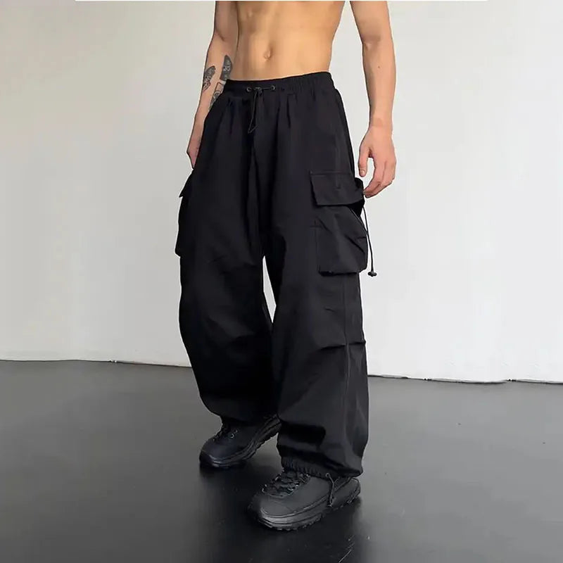 American High Street Summer Loose Straight Parachute Pants Men Solid Elastic Waist Pocket Casual Motion Wide Leg Cargo Trousers