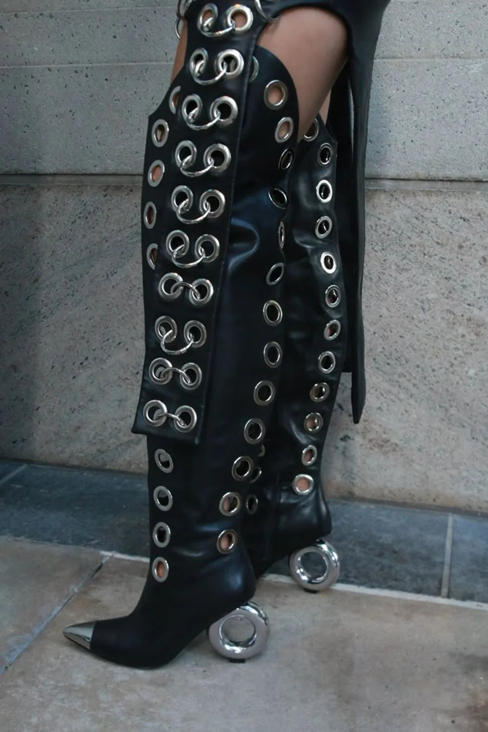 Black Leather Pointed Toe Over-the-Knee Boots Metal Ring Accents Silver Cap Circular Block Heel Edgy Boots Fashion Runway Looks