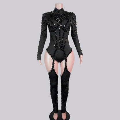 Drag Queen Outfit Sparkly Black Hollow Sexy 2 Piece Crystal Women Evening Prom Celebrate Birthday NightClub Performance Costume