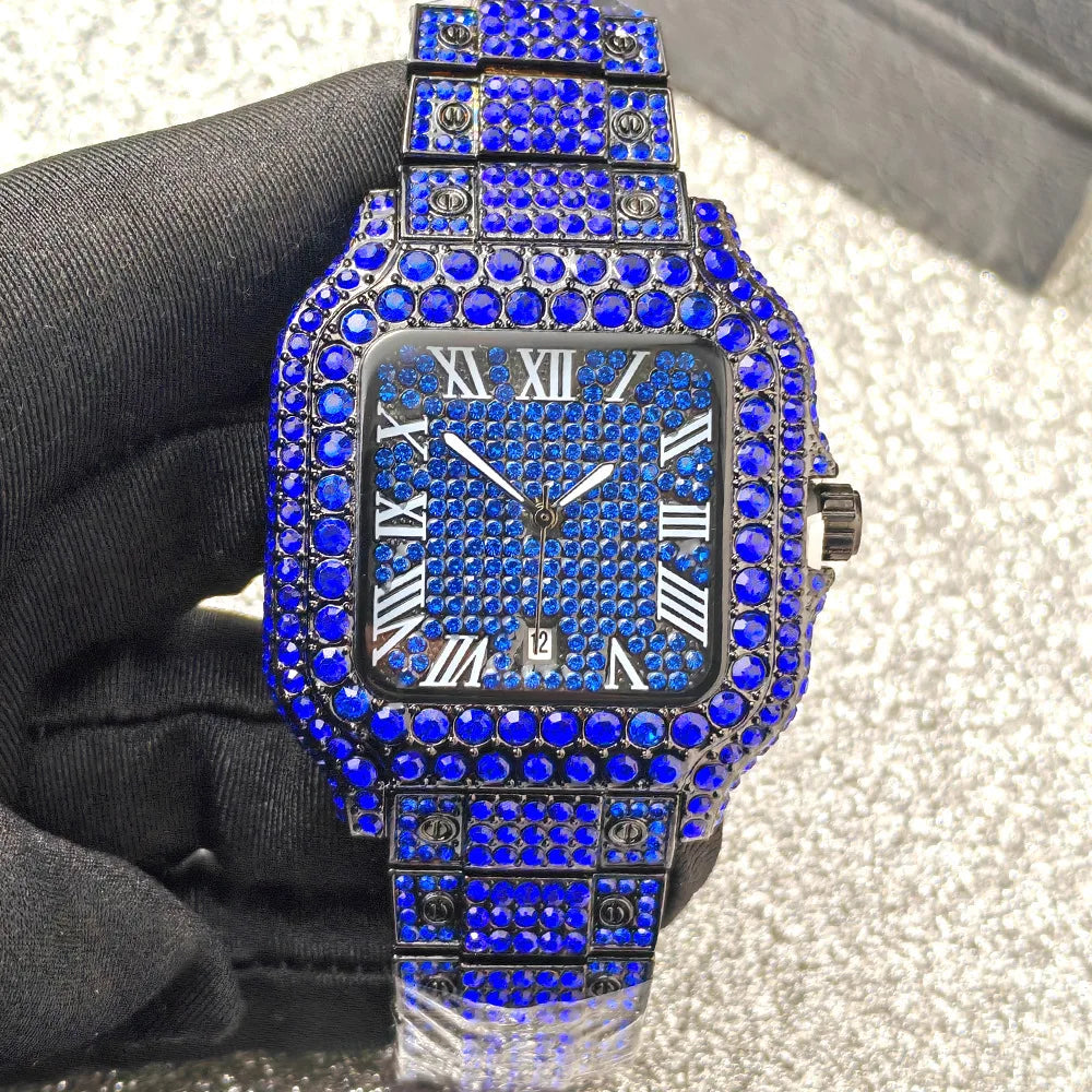 Classic Blue Black Iced Out Quartz Watch Men Full Diamond Watch Male Sliver Vintage Square Shaped Hip Hop Man AAA Clock Reloj