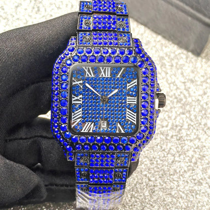 Classic Blue Black Iced Out Quartz Watch Men Full Diamond Watch Male Sliver Vintage Square Shaped Hip Hop Man AAA Clock Reloj