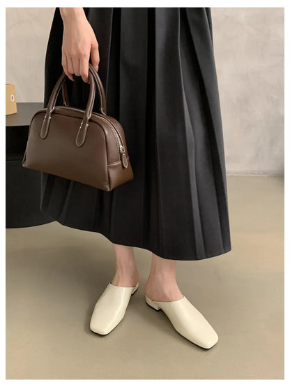 Fashion Square Toe Flat Slippers Women Casual Slip On Mule Luxury Brand Outsides Slides Elegant Pleated Ladies Shoes Sandal Flip