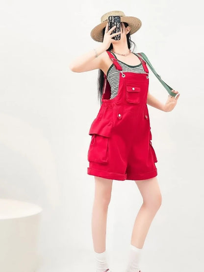 Red Denim Overalls for Women Summer Adjustable Straps Loose Wide Leg Shorts Solid Color Casual Streetwear Short Rompers