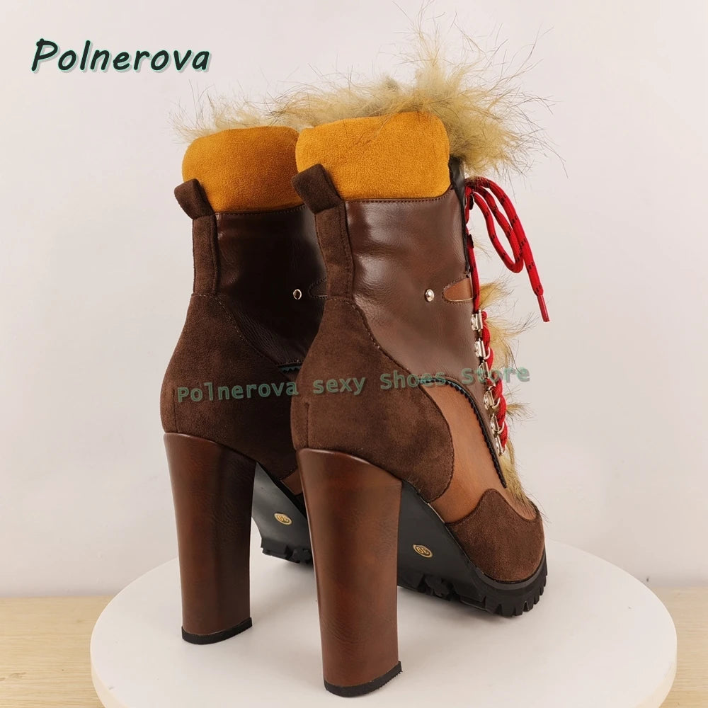 Faux Fur Cross Tied Fashion Boots 2026 New Arrivals Round Toe Toe Strange Style Mixed Colors Women Sexy Mid-Calf Boots Trend