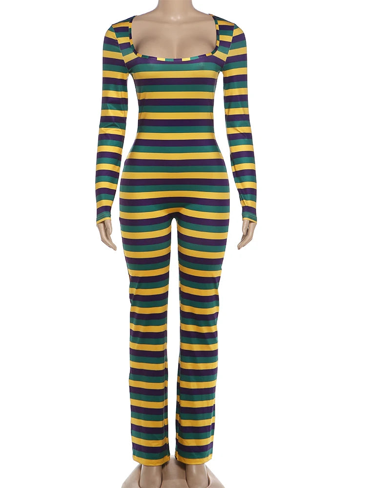 Nibber Chic Collar Full Jumpsuits Women's Autumn Trend Square Sleeve Stripe Patchwork Skinny Stretch High Street Style Overalls