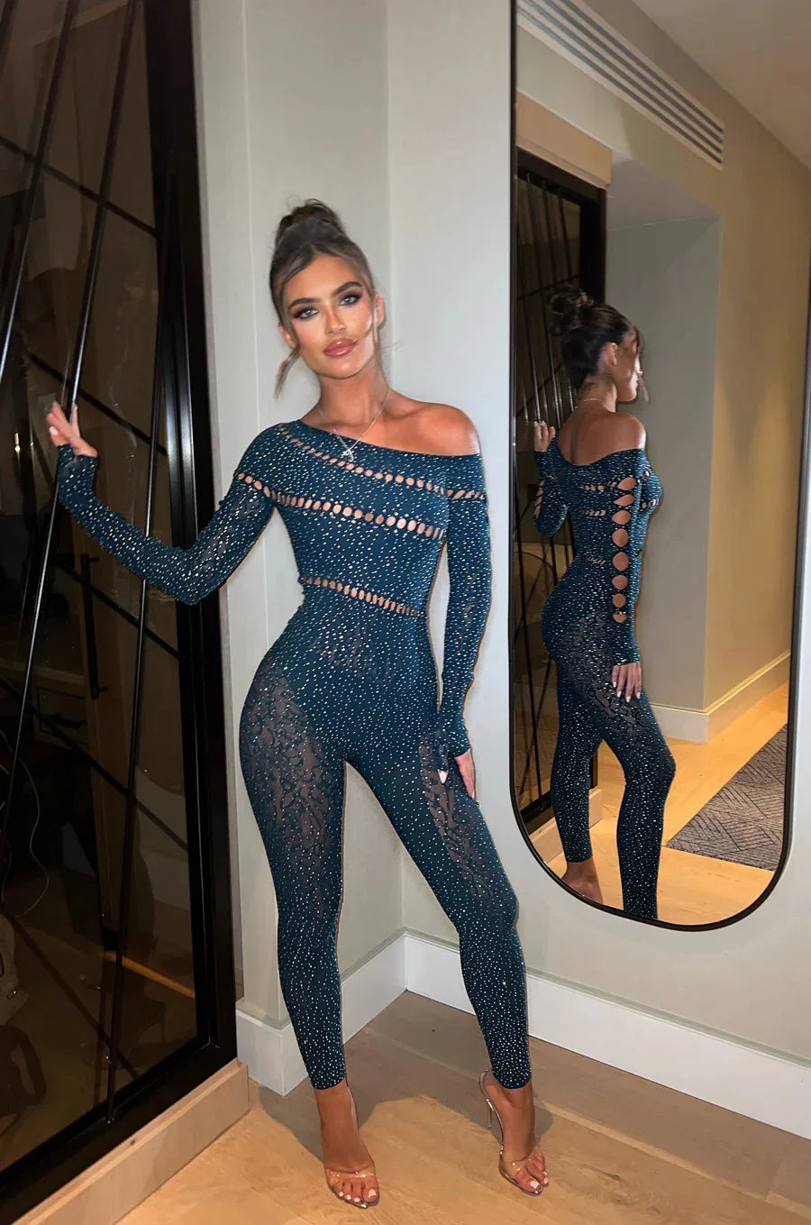 FAGADOER Spring Summer New Sexy Jumpsuits Women See Through Hollow Out Rhinestone Patchwork Rompers Female Streetwear Overalls