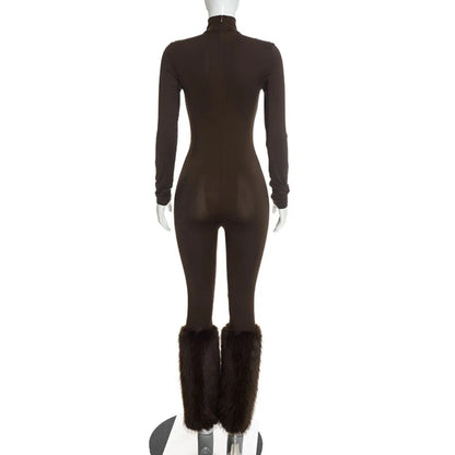 FLARORA Sexy Faux Fur Patchwork Jumpsuits Woman Turtleneck Full Sleeve Skinny Peach Hip Jumpsuit Midnight Party Club Overalls