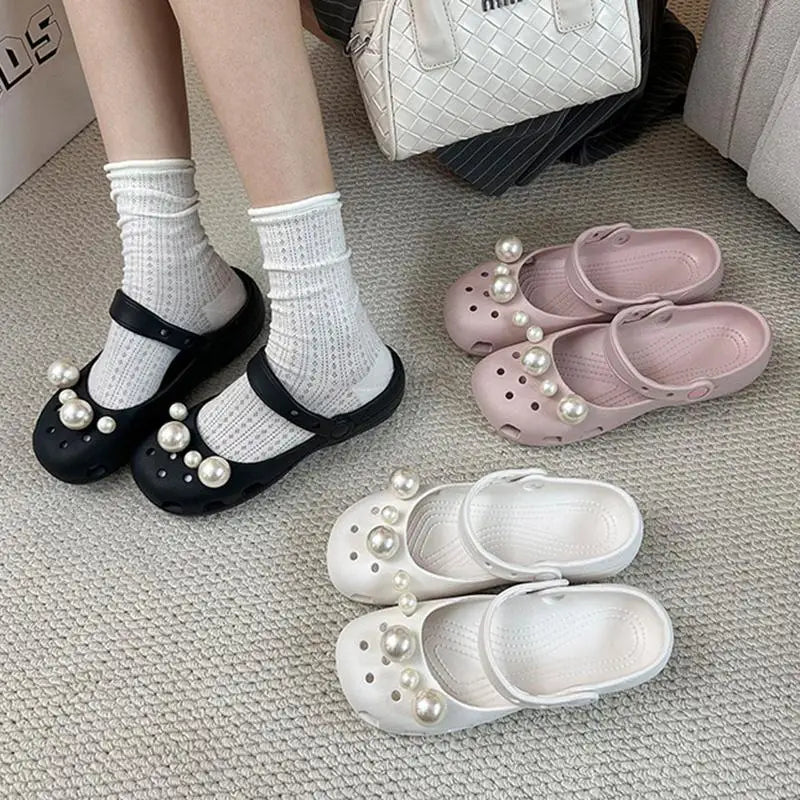 Luxury Pearl Shoes Charms Set DIY Ballet Clogs Women Summer 2026 Fashion Leopard Print EVA Beach Slippers Woman's Jelly Shoes