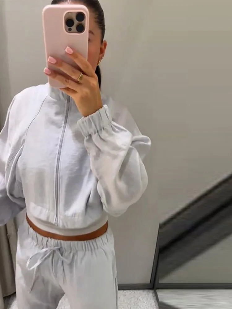 Stand Collar Thin Cropped Coats Pants Suits Women Street Lantern Long Sleeve Zipper Loose Tops Drawstring Wide Leg Trousers Sets