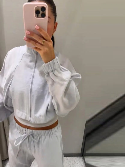 Stand Collar Thin Cropped Coats Pants Suits Women Street Lantern Long Sleeve Zipper Loose Tops Drawstring Wide Leg Trousers Sets