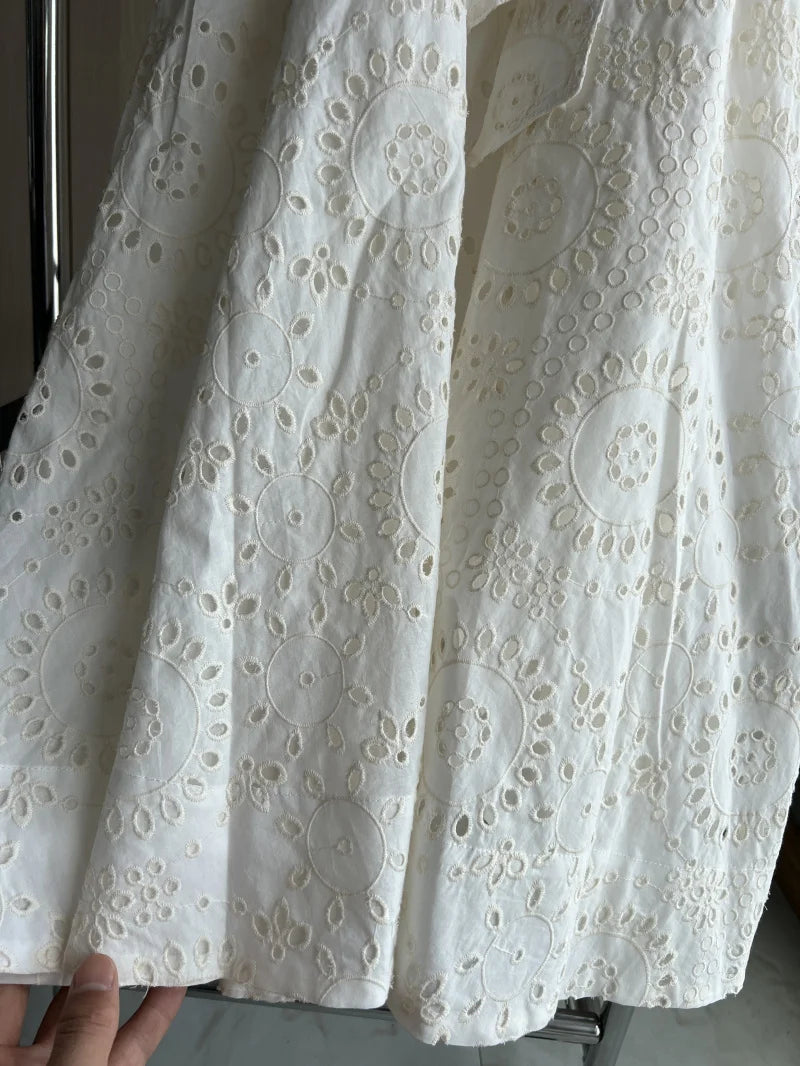 ETJ 2025 new  women's elegant fashion hollow embroidery cotton shirt lapel short-sleeved dress temperament long skirt