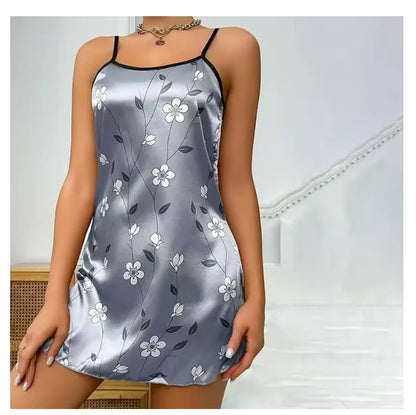 Ladies Sexy Sling Nightgown Nightdress Women's Sexy Lingerie Silk Satin Sleepwear Floral Pinting Nightwear Homewear Mini Dress