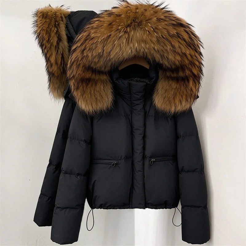 women's winter down jacket 2026 new detachable fox fur collar hooded women's down coat White duck down filled warm thick coat