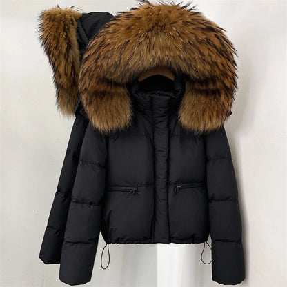 women's winter down jacket 2026 new detachable fox fur collar hooded women's down coat White duck down filled warm thick coat