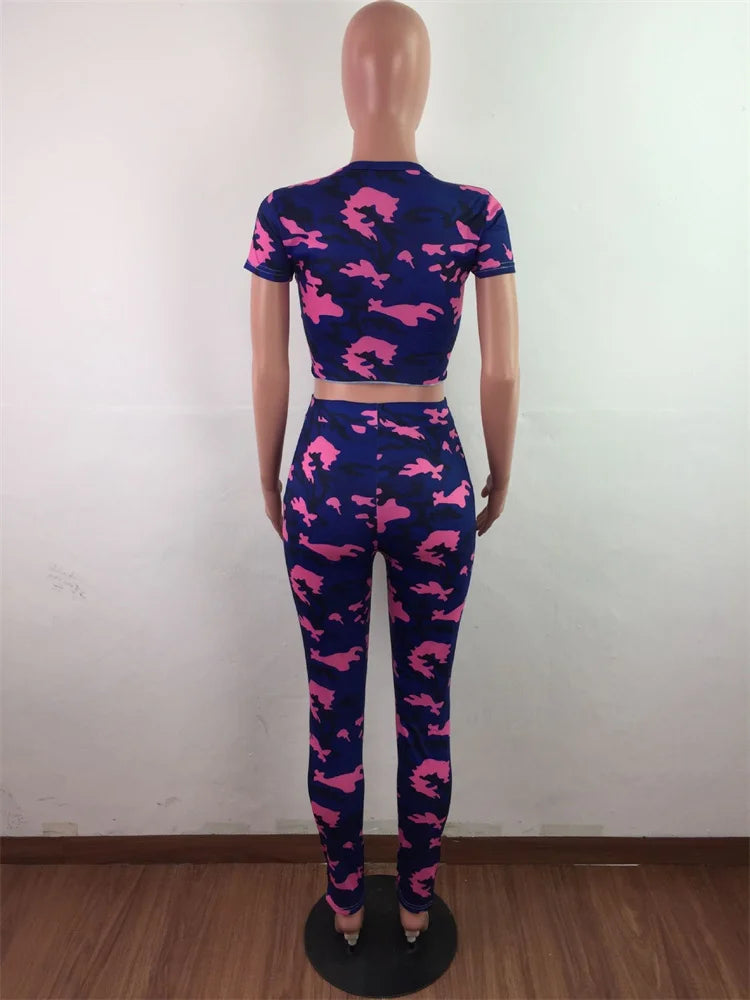 Wmstar Women Two Piece Set Summer Sexy Sport Fashion Casual Ripped Sweatshirt Sweat Camouflage Print Pant Sets Outfit Tracksuit
