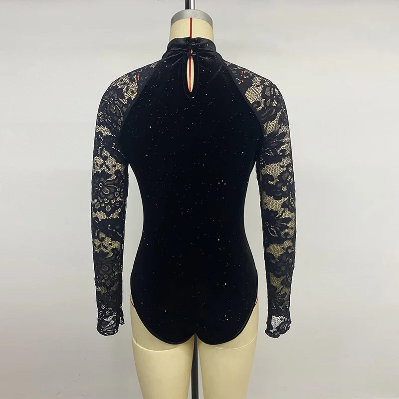 Benuynffy Mock Neck Long Sleeve Lace Body Top Women's Autumn 2025 Sexy Party Elegant Glitter Velvet Stretch Slim Female Bodysuit
