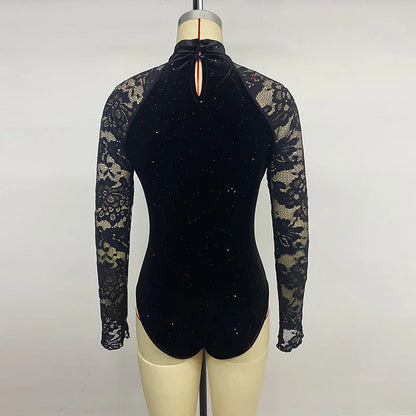 Benuynffy Mock Neck Long Sleeve Lace Body Top Women's Autumn 2025 Sexy Party Elegant Glitter Velvet Stretch Slim Female Bodysuit