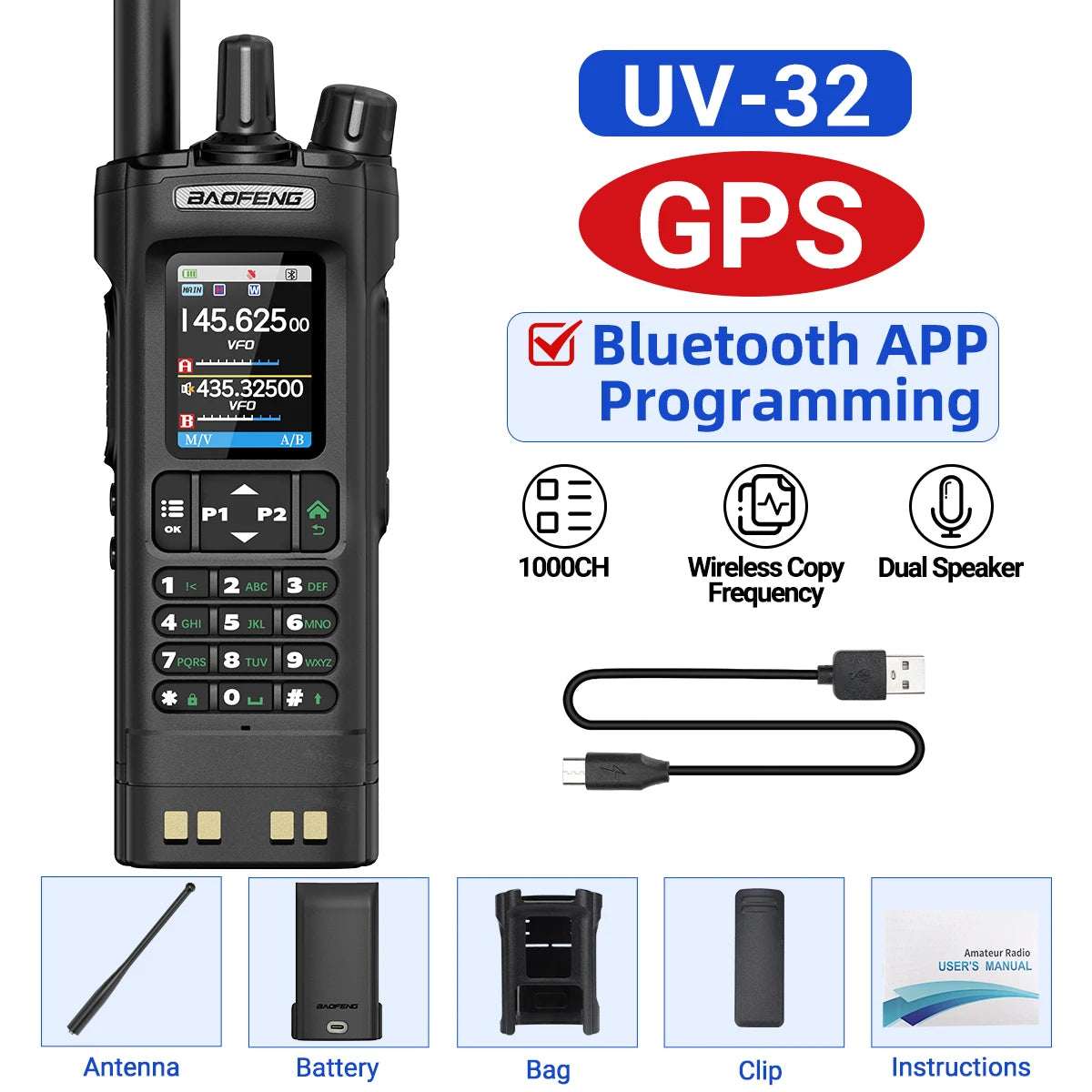 BAOFENG UV-32 GPS Walkie Talkie 10W Air Band Bluetooth Programming Wireless Copy Frequency Full Band FM Long Range Two Way Radio