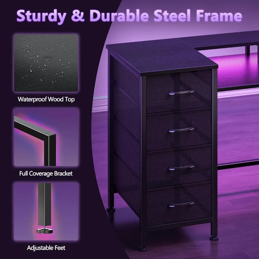 Gaming Computer Desk with Power Outlets, LED, 5 Drawers