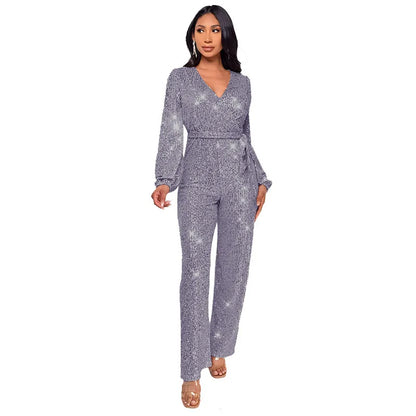 Uoozee Women's Deep V-Neck Sequins Club Jumpsuits Long Puff Sleeve Tie Waist Straight-leg Party Evening One Piece Outfits 2026