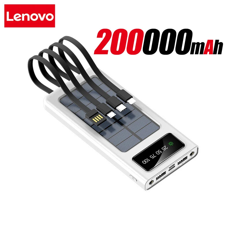 Lenovo Solar Power Bank 200000mAh Large Capacity Mobile Power Fast Charging Battery With Dual USB 4-Cables For iPhone Samsung