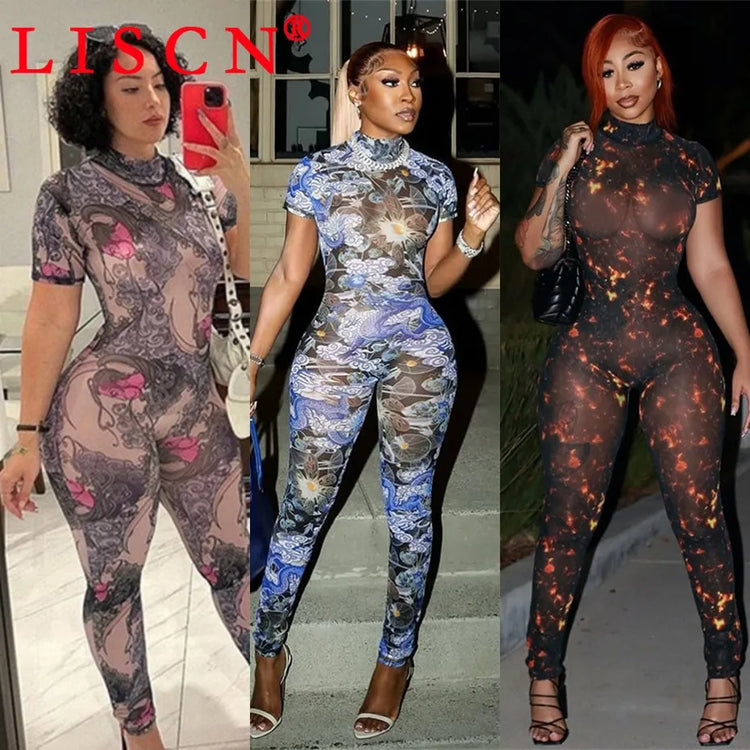 10 Wholesale Items Jumpsuits Women Summer 2025 Short Sleeve Bodycon Sexy Y2k Printing Mesh See Through Backless Rompers K15151