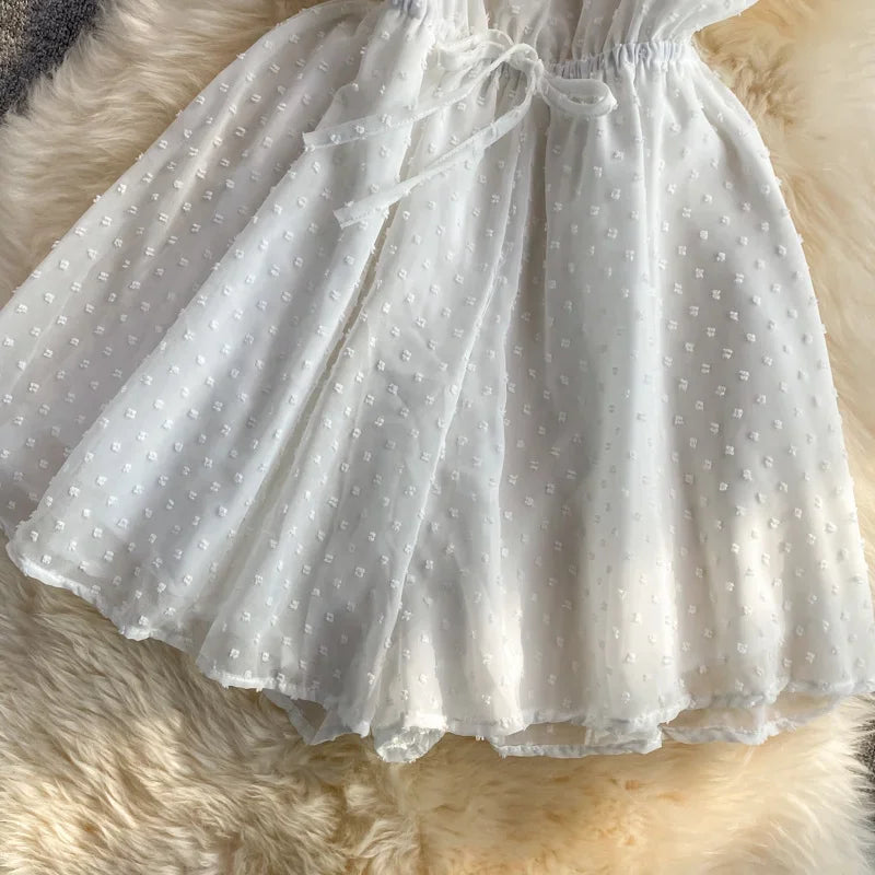 2025 Summer Women Playsuit Polka Dot See Through Thin Beach Rompers Sexy V-neck Short Sleeve Drawstring Sash Slim Waist Overalls