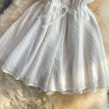 2025 Summer Women Playsuit Polka Dot See Through Thin Beach Rompers Sexy V-neck Short Sleeve Drawstring Sash Slim Waist Overalls