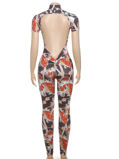 kliou Sexy Printed Women Jumpsuits Fashion New Back Hollow Full Sleeve Stand Collar Slim Overalls Female Midnight Party Clubwear